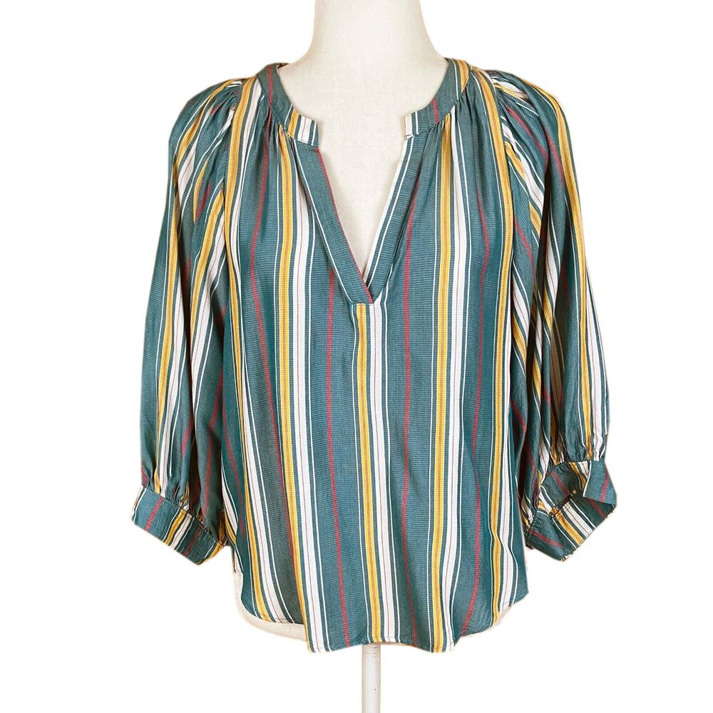 Maeve Anthropologie Byron Split Neck Top Size S Teal Striped Balloon Sleeves